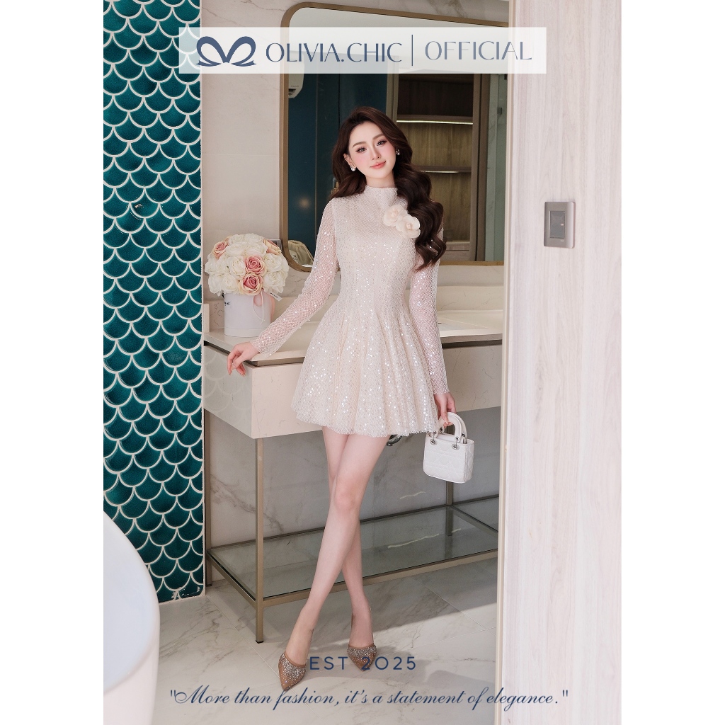 SA OLIVIA.CHIC Luxury Party Dress ทําจากลูกไม้ปักเลื่อม,เดรสสั้นเอวบาน,คอเต่า,นูนดอกไม้ Applique V14