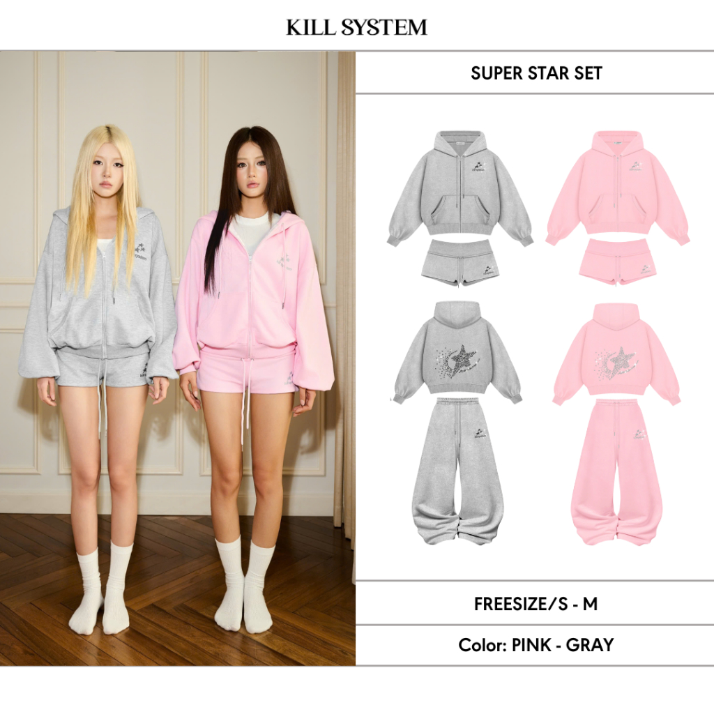 [SEPARATION AVAILABLE] Set เสื้อแจ็คเก็ตทรงกล่อง กางเกงขายาว และกางเกงขาสั้นผ้าสักหลาดลายนูน SUPER STAR - KILL SYSTEM