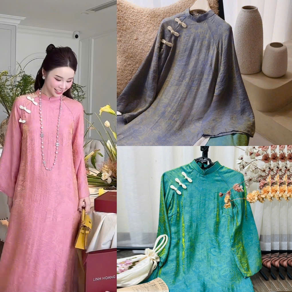 Ha Mien นวัตกรรม ao dai ทําจากผ้าไหมชิมเมอร์ พร้อมแผ่นหลวม 4 แผ่น และโบว์ 3 อัน