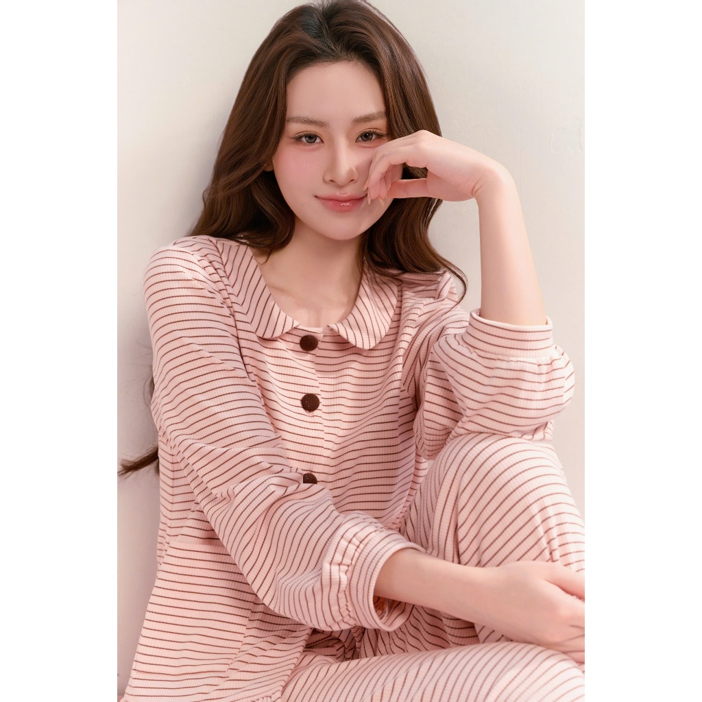 BAE MALI - SP1098 เดรสบ้านคอปกบัวลายทางสีชมพู