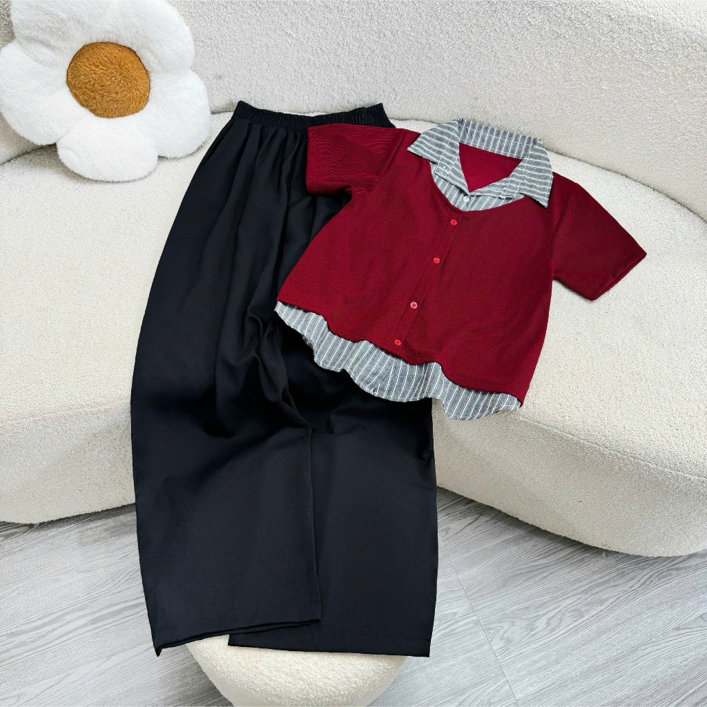 เสื้อถักไซส์ใหญ่คอปกกาว – ผ้าคลุมแขนสั้น Biceps กางเกงขากว้าง A338+Q558