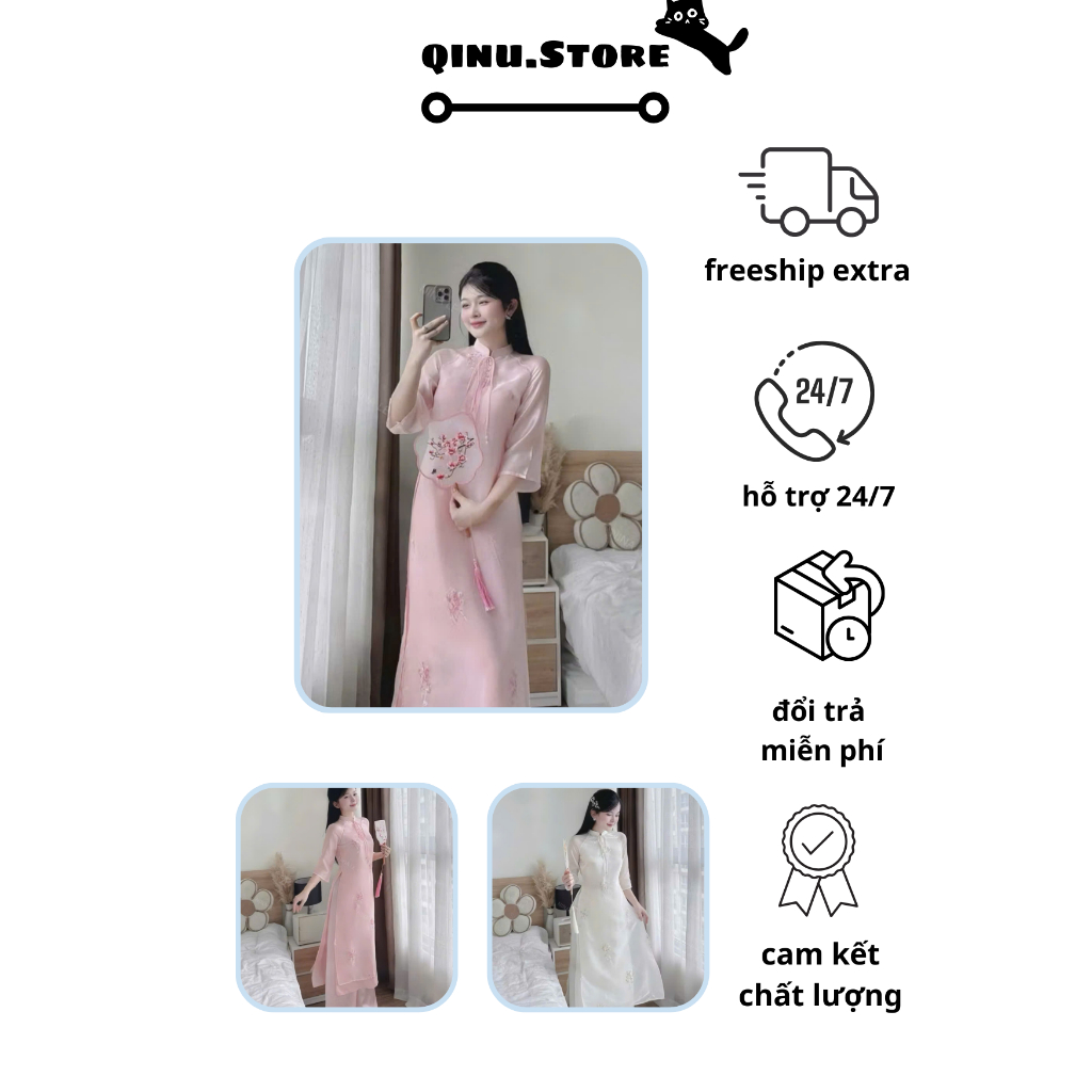 [QINU.STORE] TK METALLIC SILK Ao Dai พร้อมหยกปุ่มหมุนดอกไม้ 2 ขาและริบบิ้น จาก WIDE TAT 2026_ TB2371