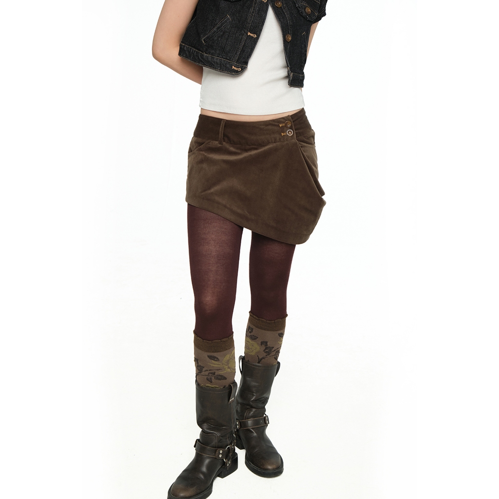 กํามะหยี่จีบ ASYMMETRICAL short SKIRT - UYU - KURI CORDUROY ASYMMETRICAL MINI SKIRT - S09