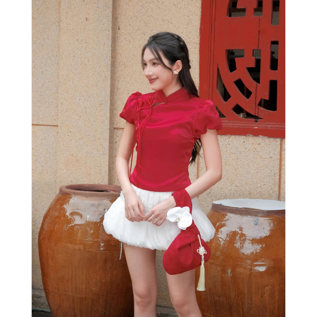 THIEN TUUC เสื้อเชิ้ตผู้หญิงคอจีนและแขนพัฟ Classic GOUT DE JUN