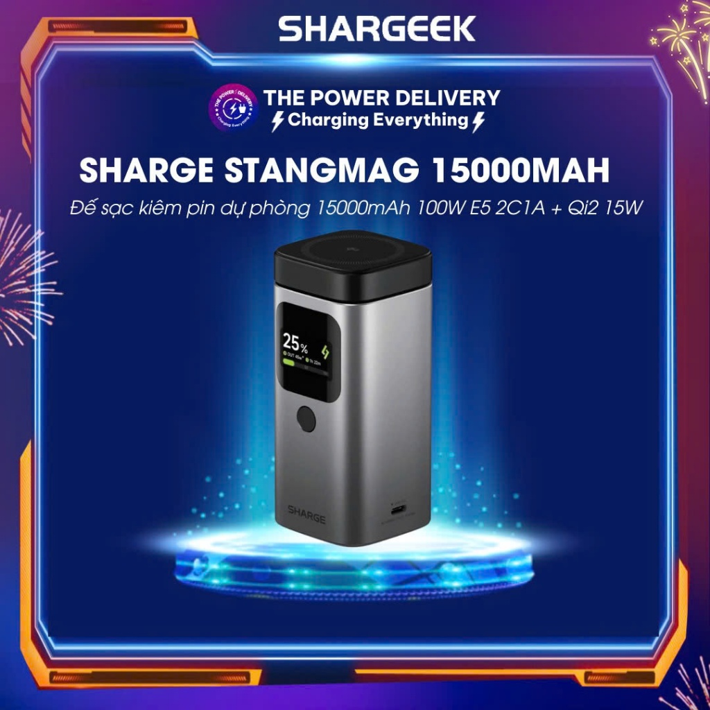 Sharge Stangmag 15000mAh เครื่องชาร์จแบตเตอรี่สํารอง 100W E5 2C1A + Qi2 15W | Qi2 PD 3.0 PPS 2.0 QC3