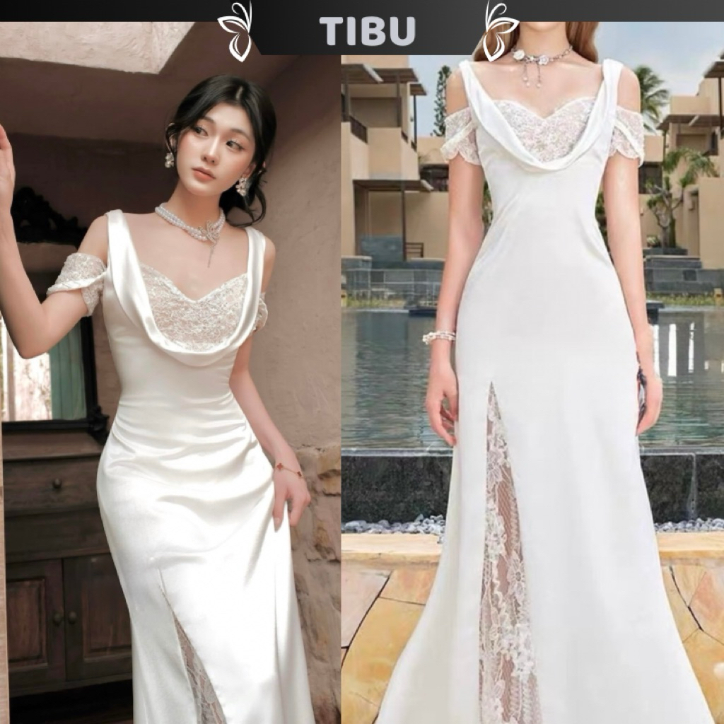 TIBU - แม็กซี่เดรสยาวลูกไม้สองสายแฟนซีและหรูหราสําหรับออกไปข้างนอกและปาร์ตี้ D699
