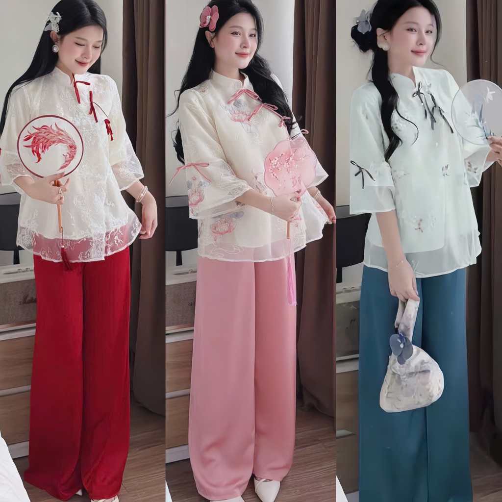 [BIG SIZE FAT CAT] SET OF JADE EMBROIDERED SILK TET SET WITH BIGSIZE FORM SURFACE PANTS 60-90KG