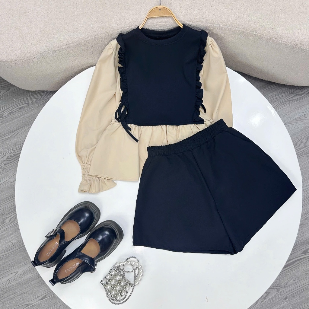 เสื้อเชิ้ตผู้หญิงไซส์ใหญ่ 50-92กก. พร้อมแขนยาวและกางเกงขาสั้นคอนซีลเลอร์ทรงหลวม SET922 (SM40+Q500)