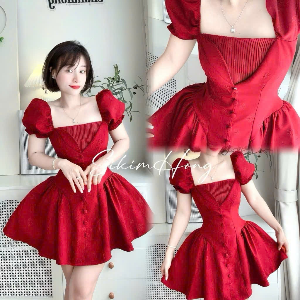เดรสบานเลดี้แขนพัฟ คอเหลี่ยม จีบสเตียล มี 4 สี แดง ชมพู น้ําตาล ครีม ชุด สไตล์ปาร์ตี้เรียบหรู SDA13