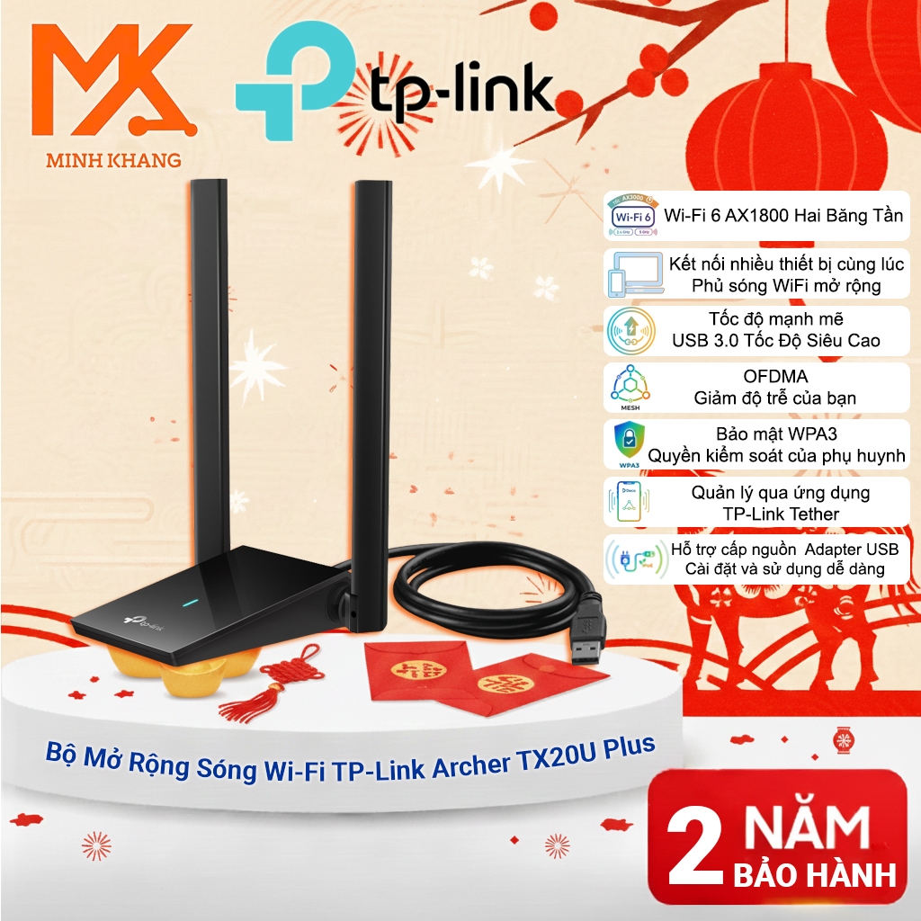 TP-Link Archer TX20U Plus USB Wi-Fi 6 AX1800 – เสาอากาศคู่กําลังสูง, Dual Band 2.4GHz และ 5GHz, ความ