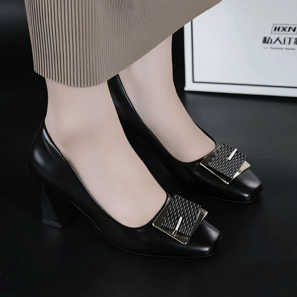 รองเท้าส้นสูงผู้หญิง Square Toe Elegant Square Buckle Shoes 5p และ 7p ส้นสี่เหลี่ยมสูง - giaycaogot8