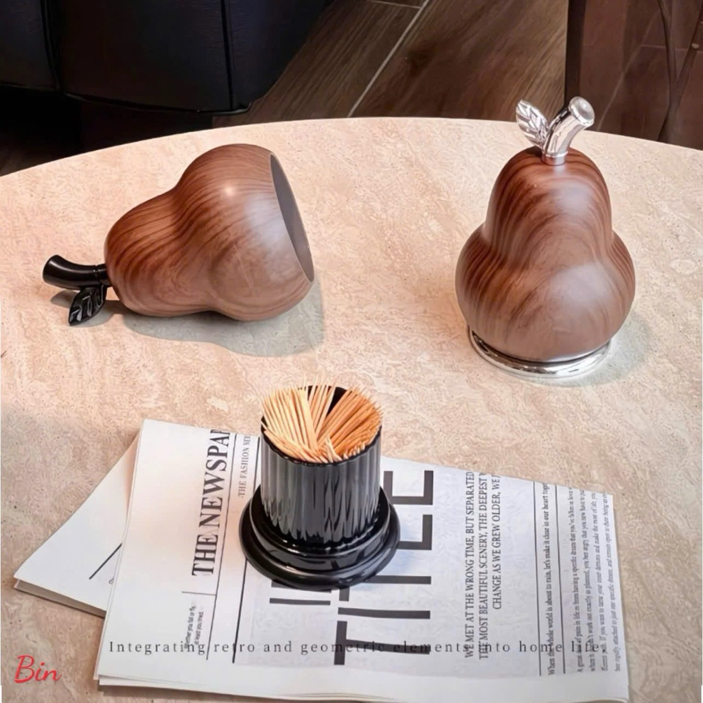 หรูหรา กะทัดรัด สะดวก กล่องไม้จิ้มฟันลายไม้รูปลูกแพร์.AB AB AB