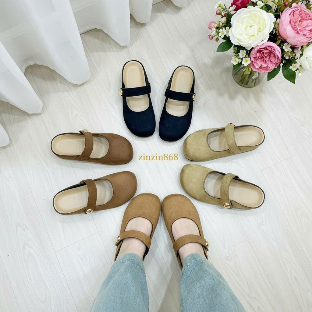 ZINZIN868-s17- กระดุม 4f - SUEDE - สายไขว้ 4f - เดรสผู้หญิงพื้นสูง 4 ซม. หนังกลับ สวมใส่ง่าย พร้อมชุ