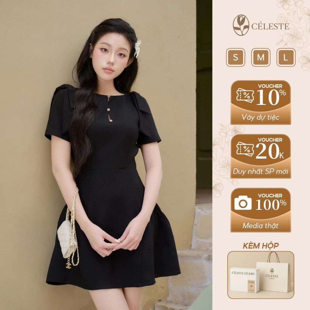 [LIMITED CÉLESTE] ชุดเดรส A-Line Sandra แบบสั้นทําจากผ้าลินินเนื้อนุ่มเย็นพร้อมโบว์ไหล่หรูหรา