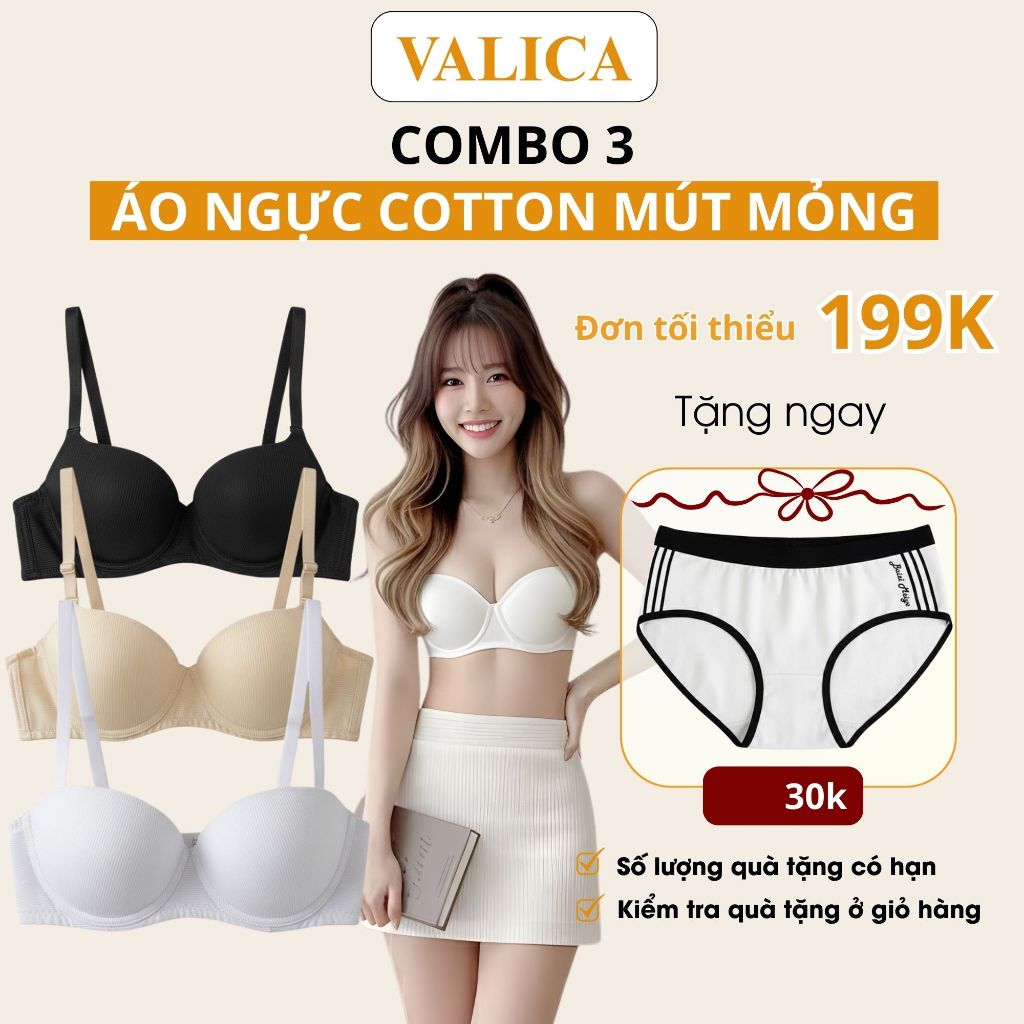 Combo of 3 Cool Cotton Underwire Bras - ชุดบราโฟมบาง 3 ชิ้นสําหรับเสริมหน้าอกที่สะดวกสบาย VALICA A82