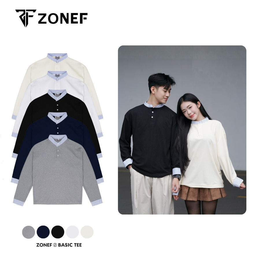 ZONF STUDIO เสื้อยืดแขนยาวผ้ารังผึ้งพร้อมเสื้อลายสก๊อตสีฟ้า, Henley ปุ่มคอปกแขนยาวเสื้อยืดสําหรับผู้