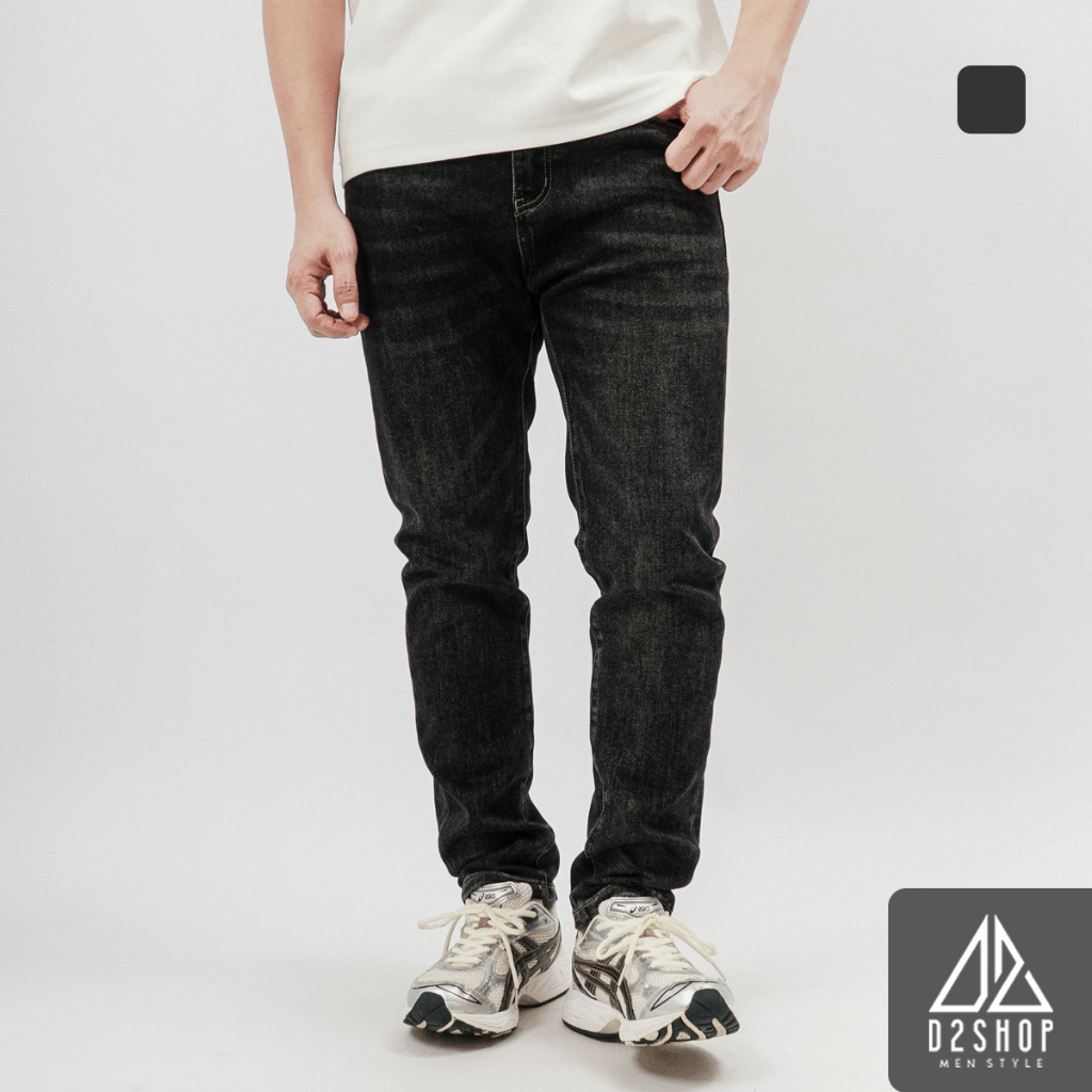 D2SHOP TODAY กางเกงยีนส์ผู้ชาย Slim Fit ยืด สีเกลือและพริกไทย J-6577