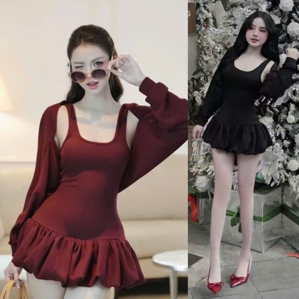 Set เดรสคอยู 2 สาย แขนพอง เข้ากับหุ่นและปก biceps Sino Set Biu Clothing BB0547