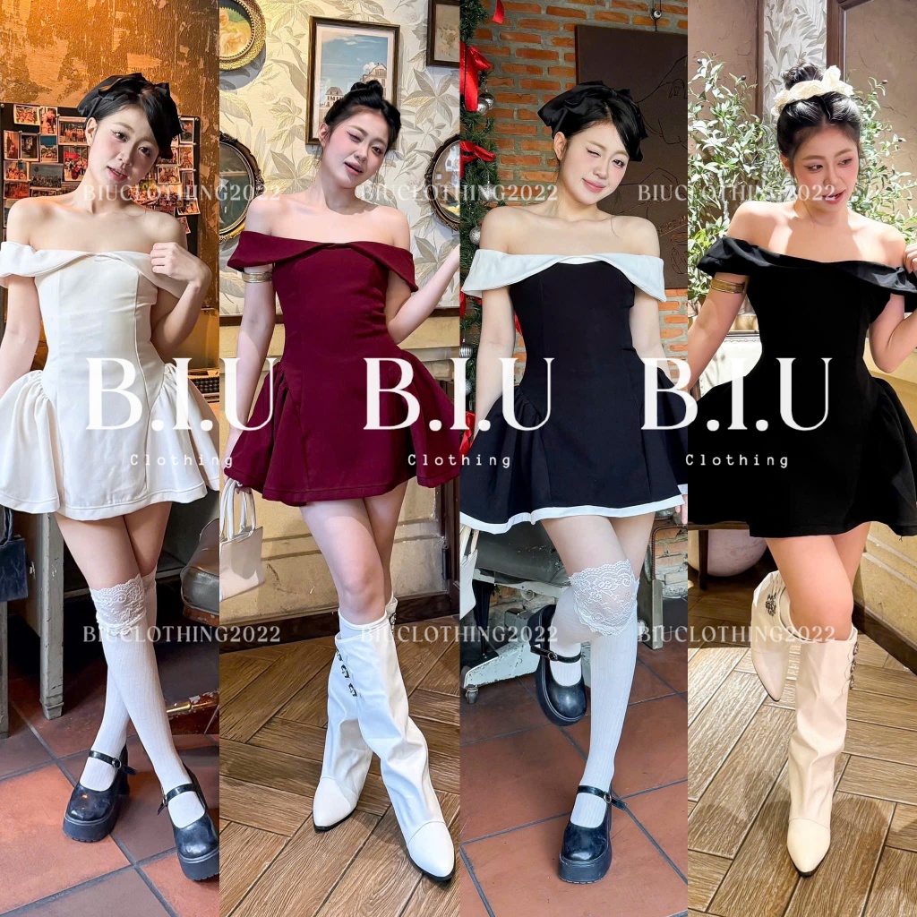 Faw Dress Biu Clothing BB0542 เดรสปาดไหล่หรูหราเอวบาน