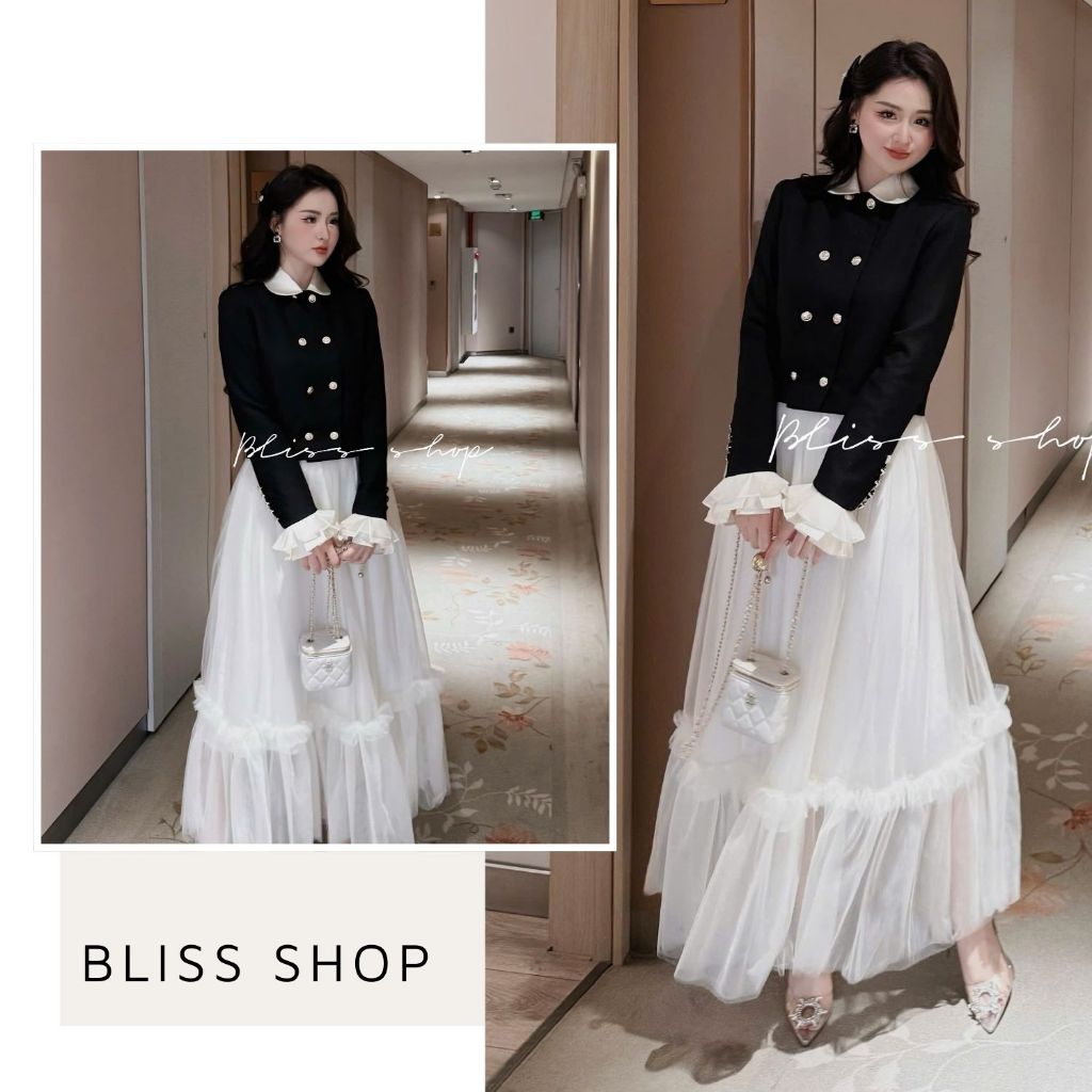 [การออกแบบระดับไฮเอนด์] ชุดเสื้อกั๊กผสมสีดําและสีขาว & กระโปรงตาข่ายยาวเลดี้หรูหรา Bliss Shop - A272
