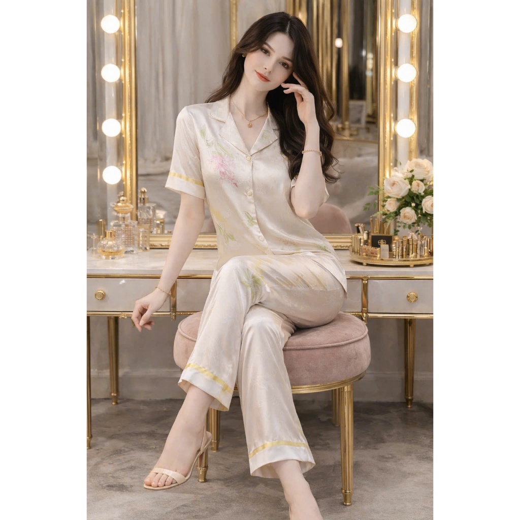 ชุดนอนสตรีชุด lating Silk iIN HOA เสื้อคอปกแขนสั้นคุณภาพสูง tcn