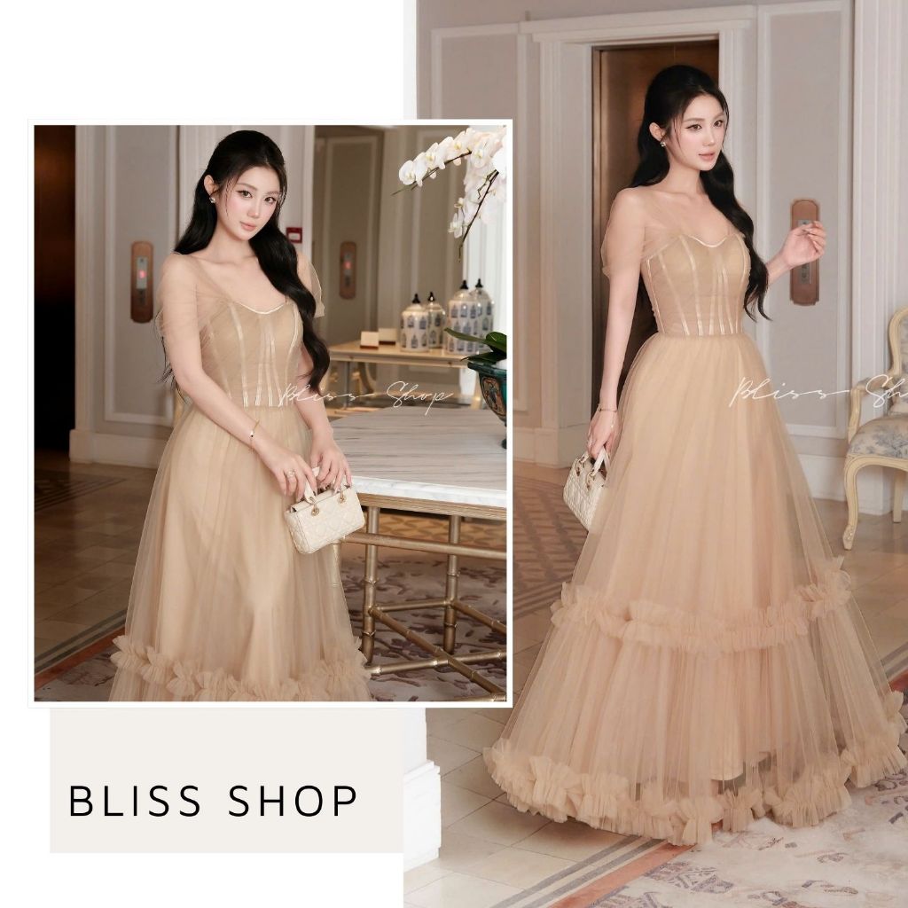 [การออกแบบระดับไฮเอนด์] Bliss Shop เดรสบานชั้นปิดไหล่หรูหรา - V763