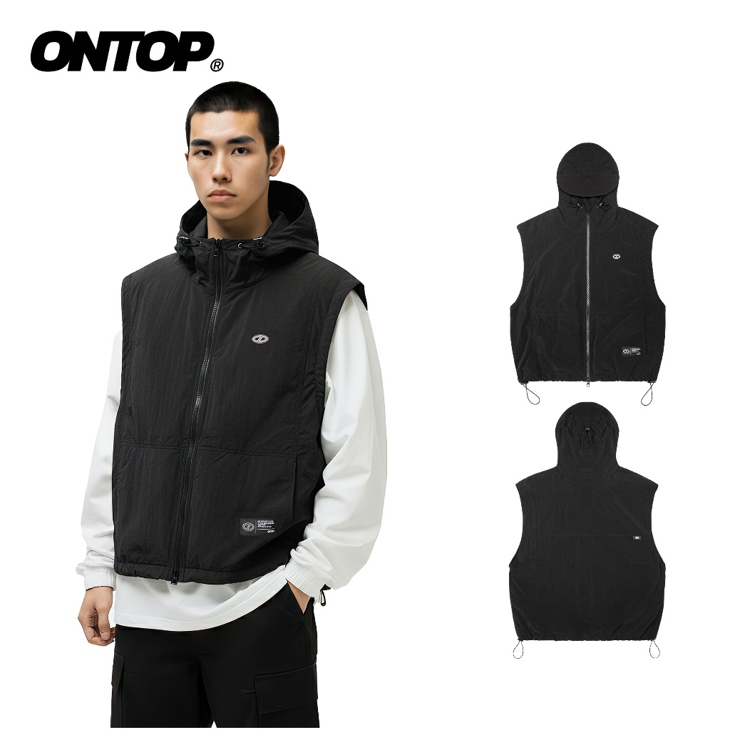 ONTOP เสื้อกั๊กร่มชูชีพสองชั้นสีดําสําหรับผู้ชายพร้อมเสื้อกั๊กมีฮู้ดไนลอน | โอ-และ1