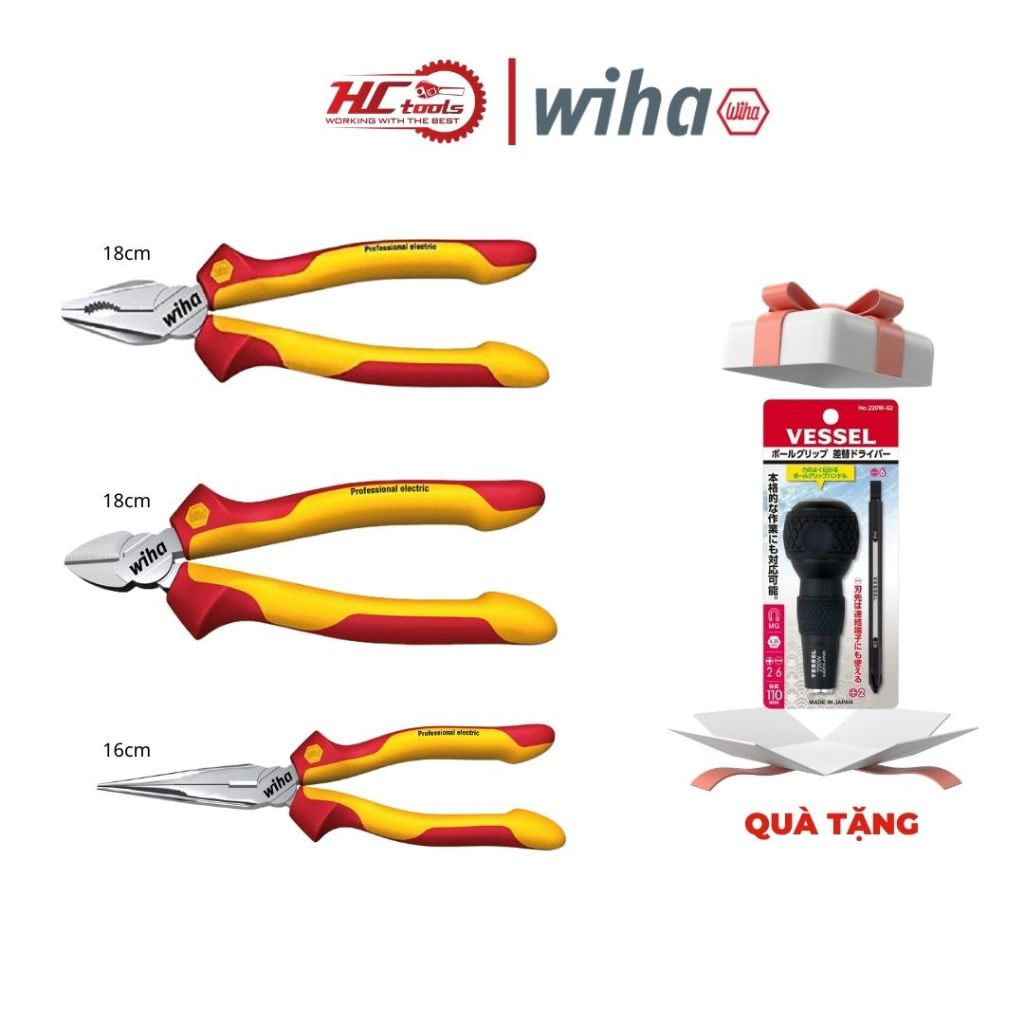 Combo 3 Wiha VDE 1000V คีม (26708, 43340, 26720) + ฟรีไขควงปากแบน 2 หัว 220W-62 -HCHTOOLS
