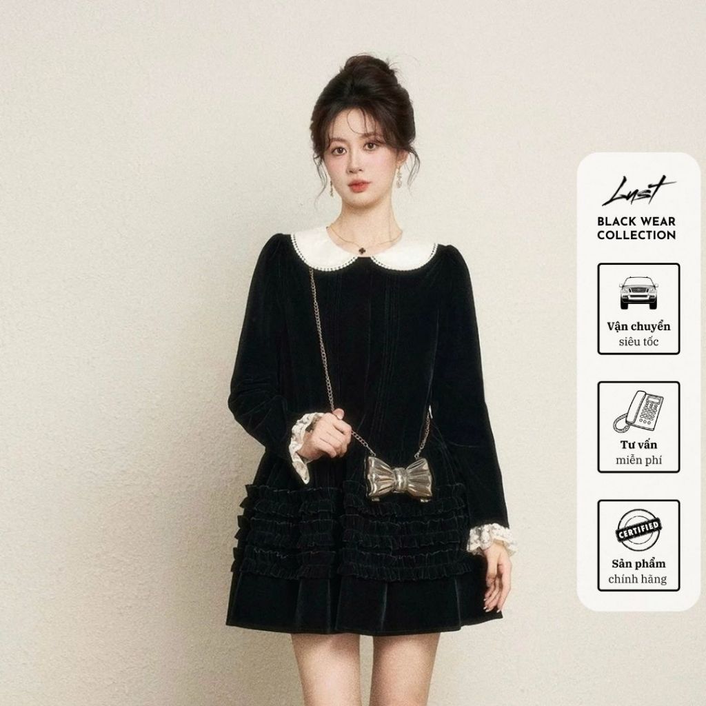 LUST เดรสกํามะหยี่ลงปกบัวสีขาวพร้อมลูกไม้ LUST เดรสกํามะหยี่เลดี้แขนบานสั้น O901