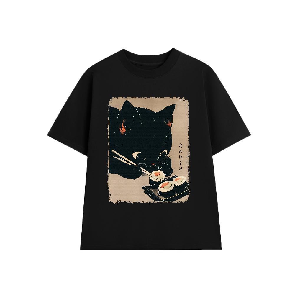 CAT LOVER "Black Cat Sushi" Cat Love Association เสื้อยืด, Unisex Loose Form Soft Cotton