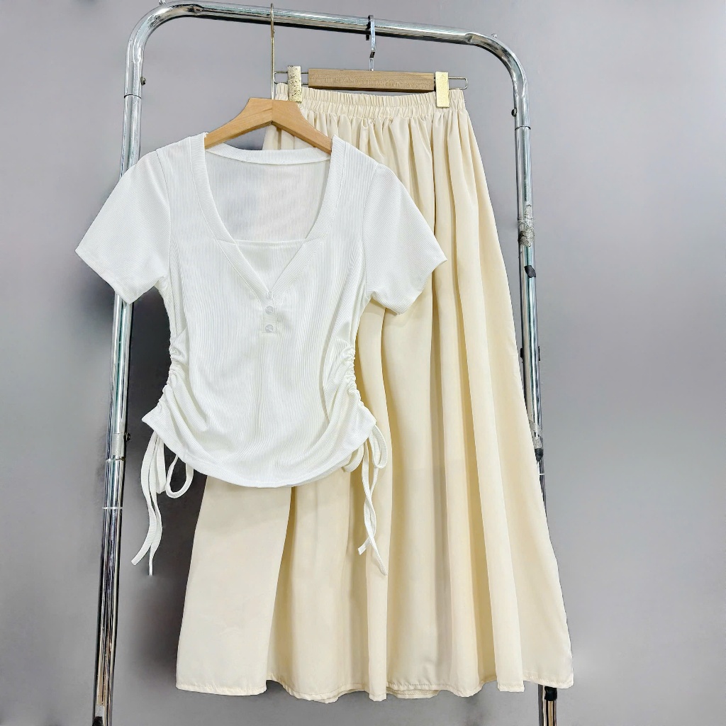 ไซส์ใหญ่ผู้หญิง Set เสื้อยืดแขนสั้น+กระโปรงยาว คอนซีลเลอร์ 55-92kg A309+CV15/CV414