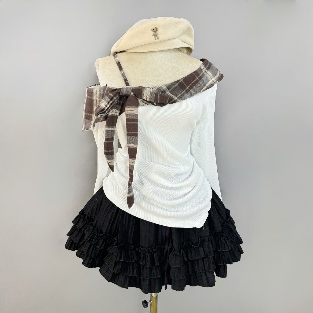 ชุดผู้หญิงขนาดใหญ่ปิดไหล่ผูกโบว์ด้านบน + กระโปรงชั้นบาน, คอนซีลเลอร์ 55-92 กก. A333+CV425