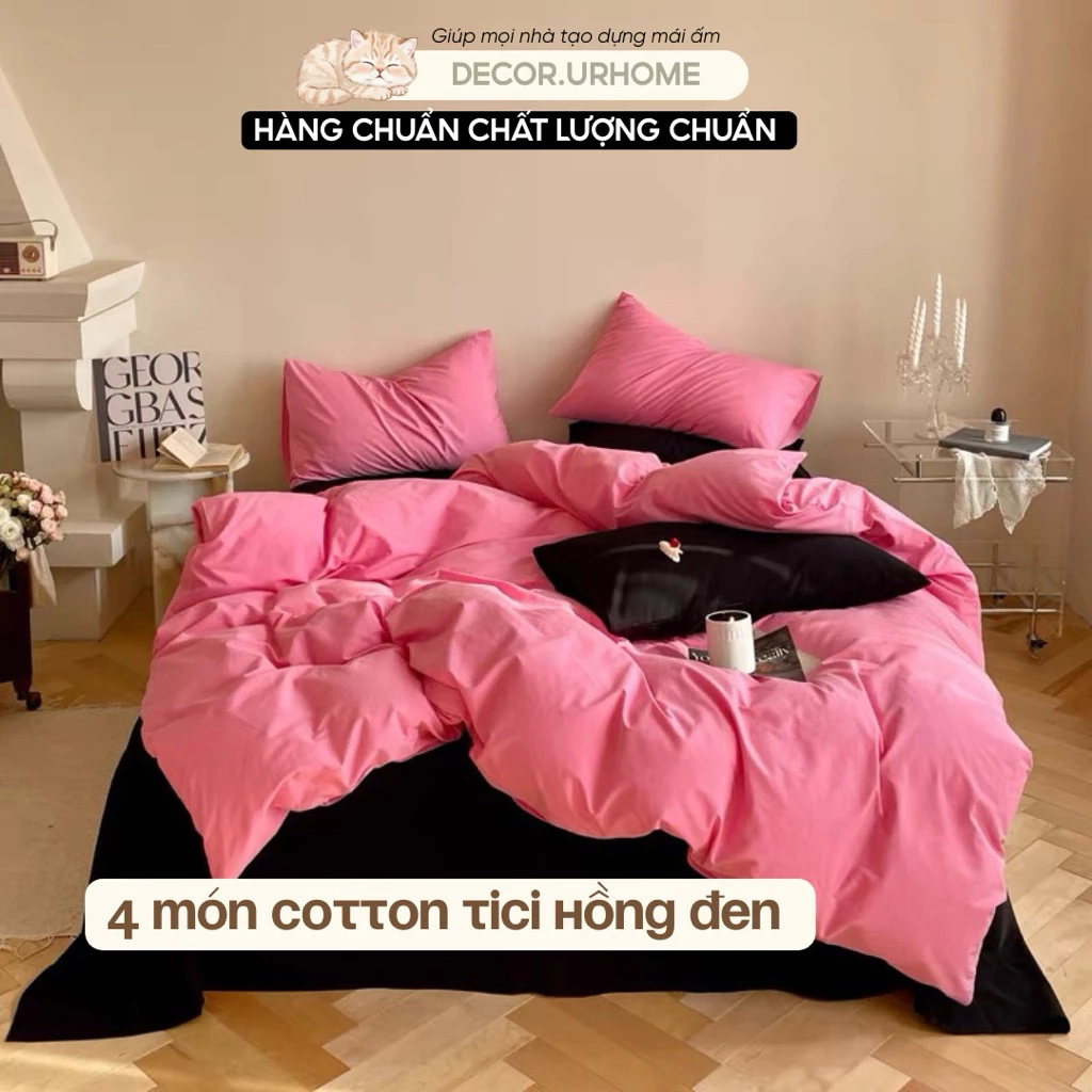 ชุดเครื่องนอนผ้าฝ้าย Tici 4 ชิ้น สีชมพูและสีดำ