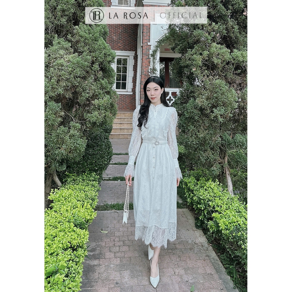 Lady La Rosa เดรสลูกไม้ลายดอกไม้ยาวชุดแขนพัฟหรูหราพร้อมปลอกคอรถไฟและเข็มขัดเอว T345-SX