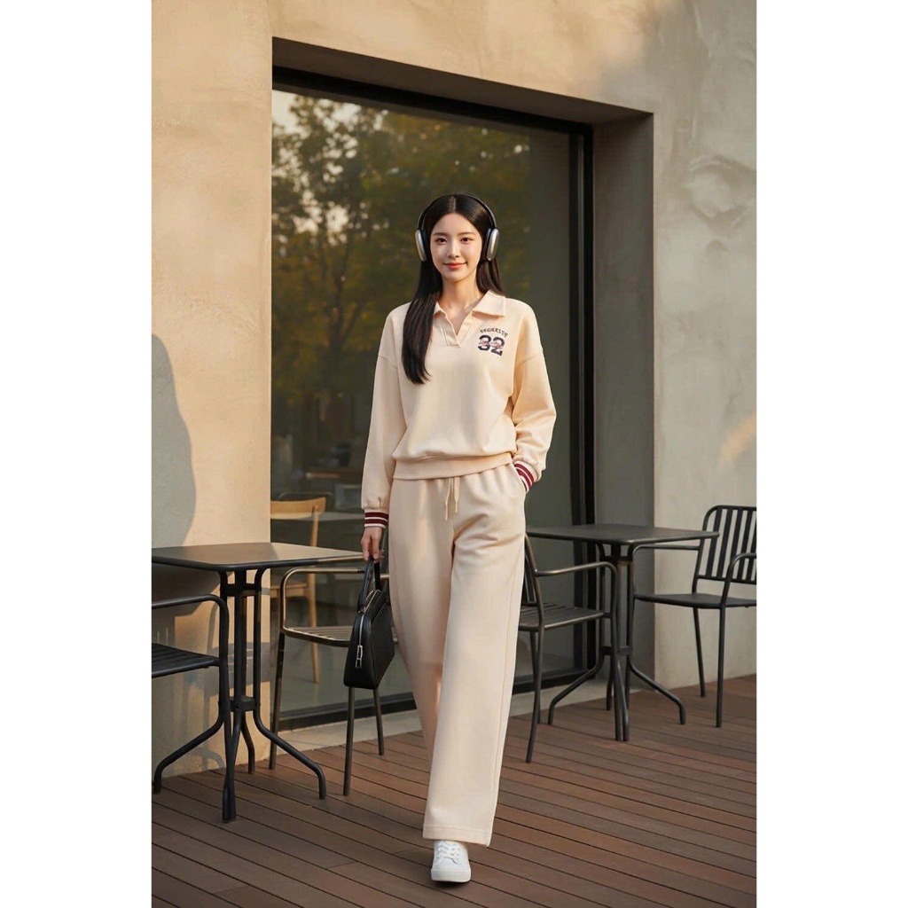 ชุดผู้หญิง CARDINA ผ้า umi เสื้อเชิ้ตคอปกแขนยาวและกางเกงเอวยางยืดเรียบหรู 5ANF36, 5QDT36