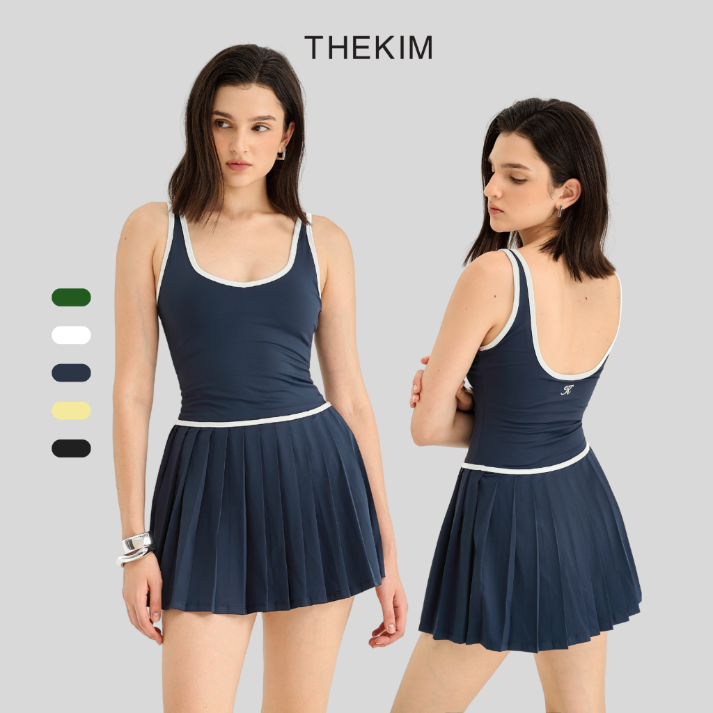 THEKIM Set เดรส Pickleball 2 สาย มีชาย (พร้อมแผ่นรองนมถอดออกได้) ชุดกีฬาจับจีบหลังต่ํา CS365