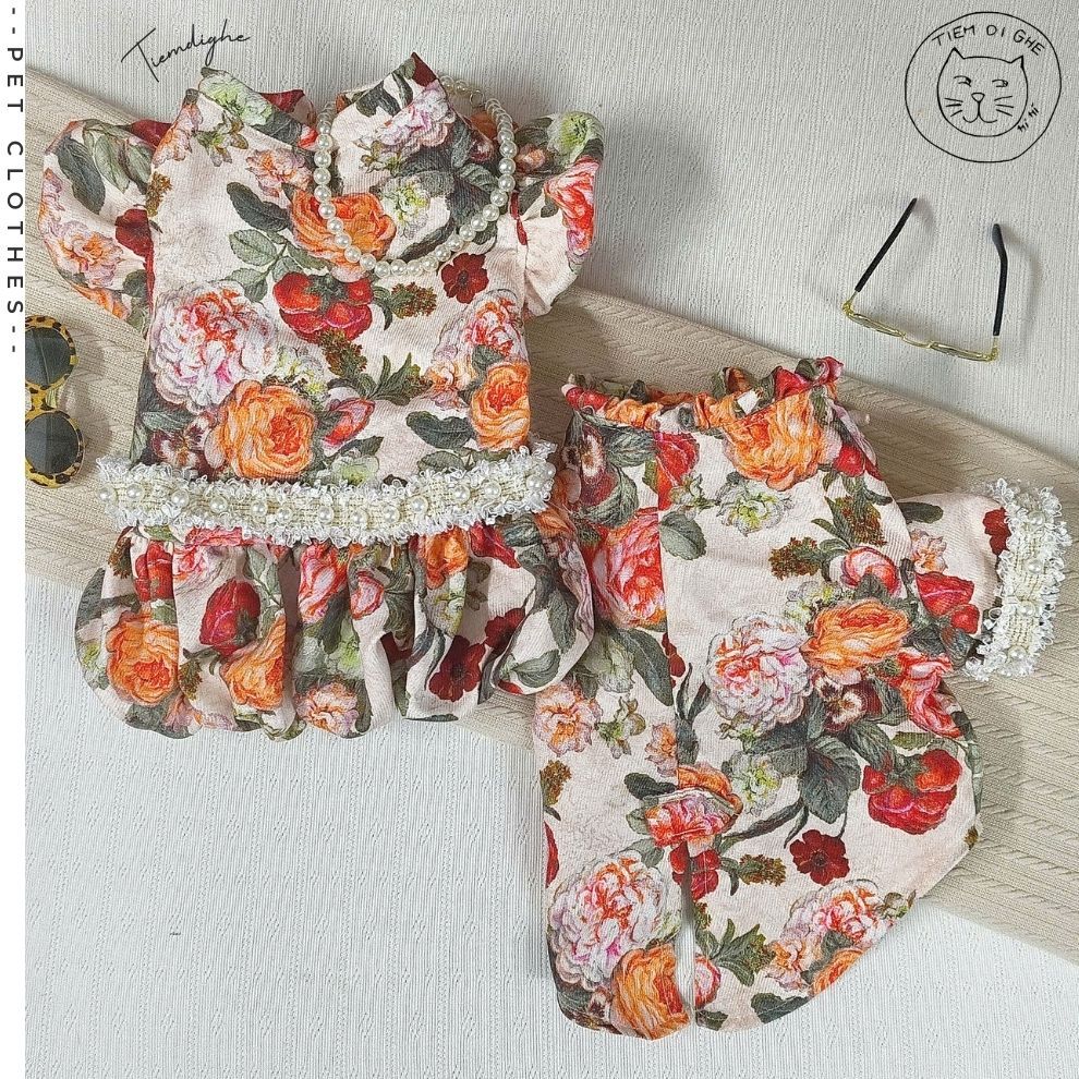 TDG122 - ชุดสัตว์เลี้ยง - เสื้อสุนัขและแมว - CROSS-BROOM FLOWER PATTERN