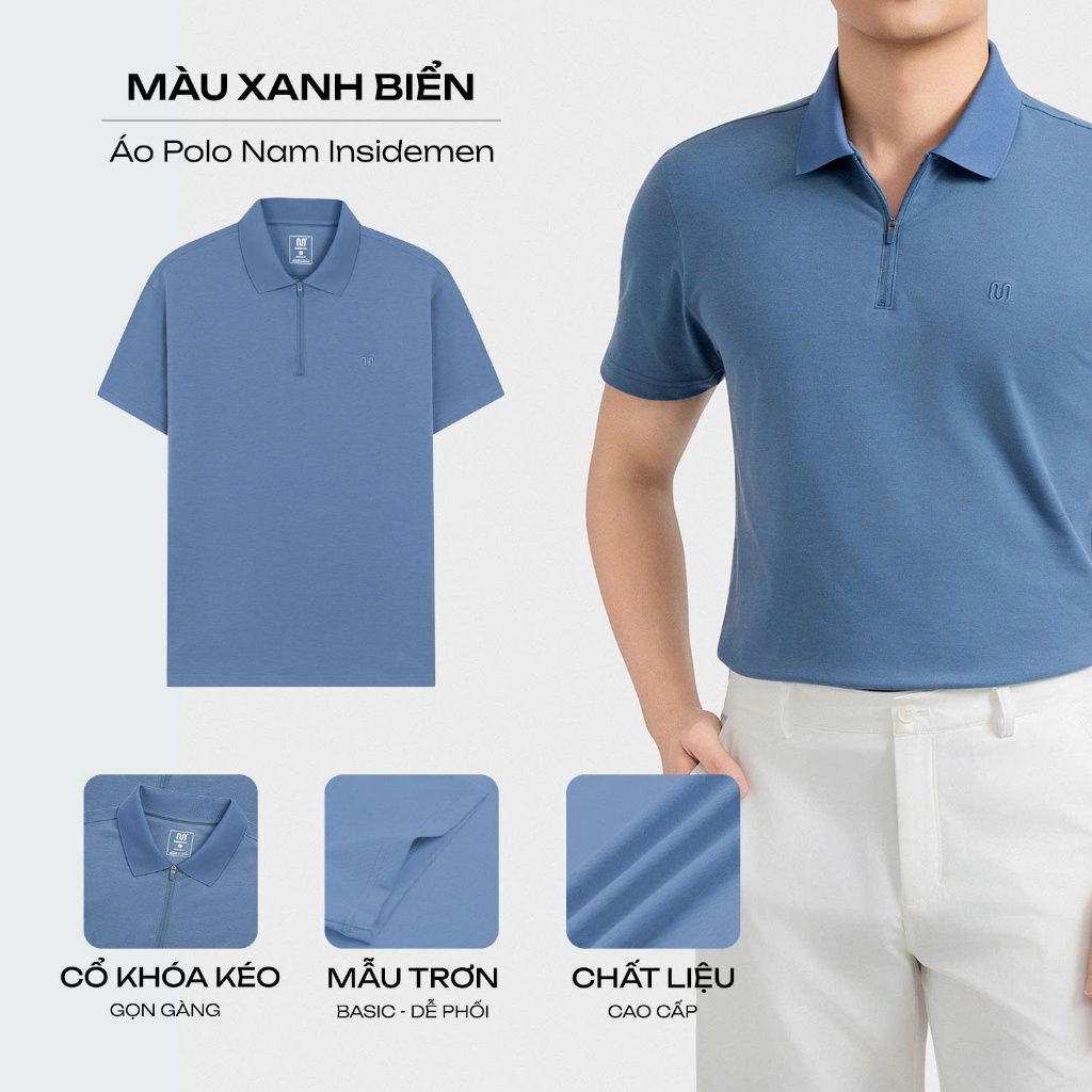 INSIDEMEN เสื้อโปโลสีน้ําเงินผู้ชาย Regular Fit แบบคอปกซิป IPS098EDP01
