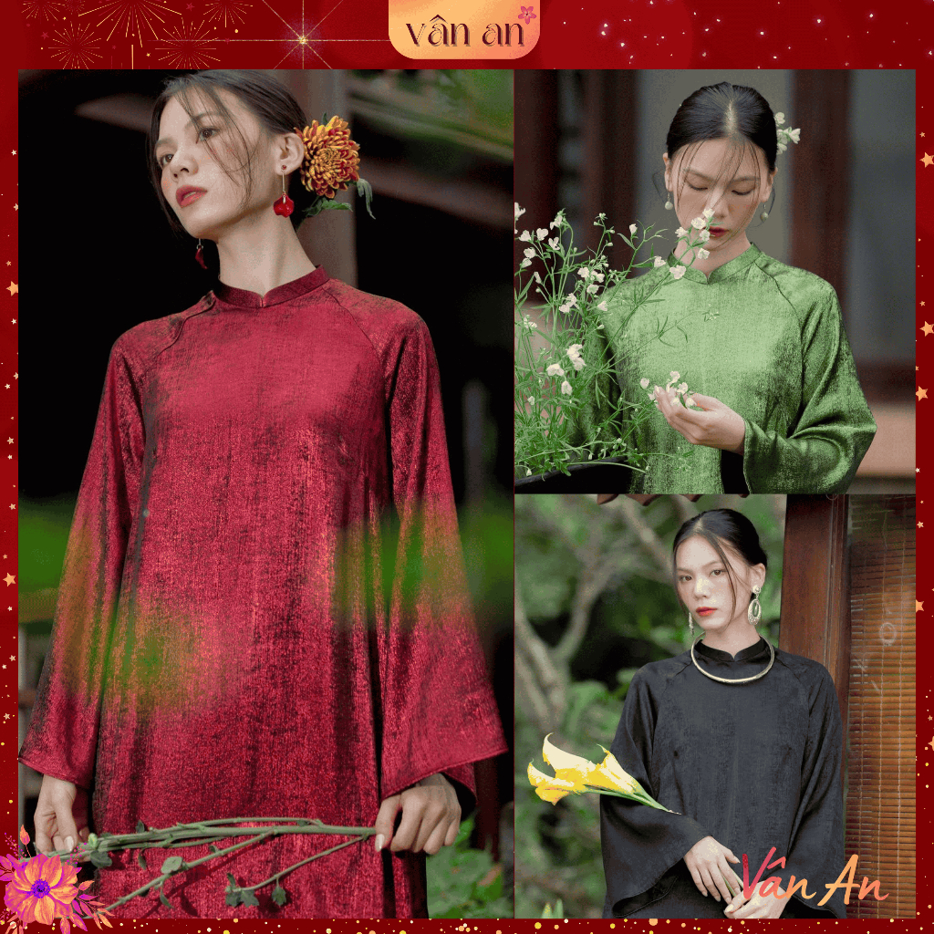 SA [VAN AN - READY STOCK] HUYEN VY Ao Dai - ขาตรงแขนยาว - เสื้อและกางเกงพร้อมกํามะหยี่ปักเลื่อมคุณภา