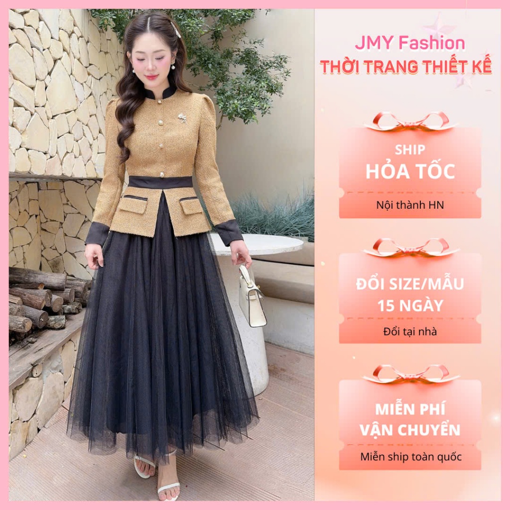 A823, CV1 ชุดชุดราตรีสีเบจมีกระเป๋าพนังและกระโปรงลูกไม้ตาข่ายสีดําบานยาวหรูหรา [TH HA LE]