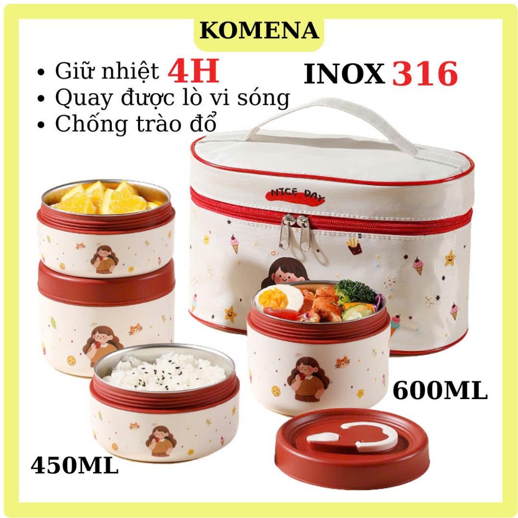 [INOX 316] กล่องข้าวเก็บความร้อน, กล่องข้าวสํานักงาน KOMENA BABY, สแตนเลส 316, เข้าไมโครเวฟได้, ป้อง