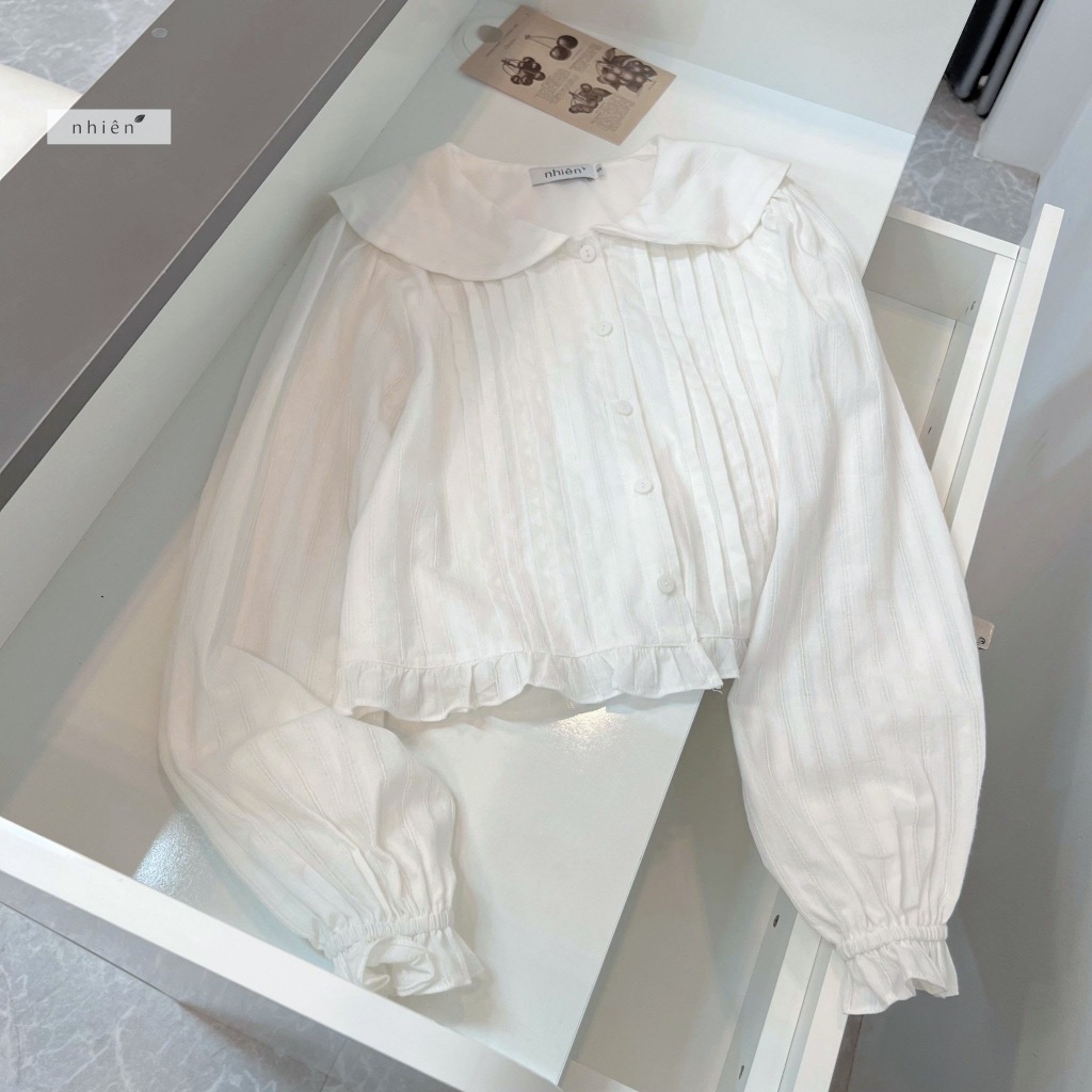 Jasmine Top - เสื้อเชิ้ตผู้หญิง เสื้อเชิ้ตสํานักงานปกบัวจีบสีขาวแขนยาว nhien.official NAS00013