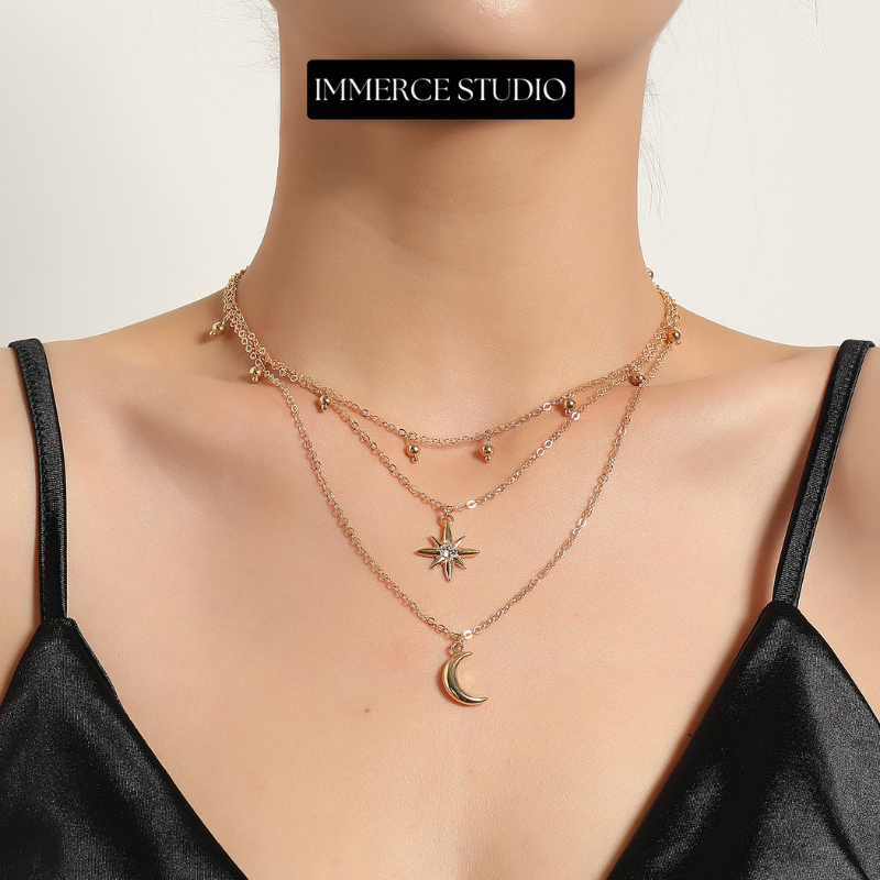 สร้อยคอหลายชั้นดวงจันทร์เคลือบทองสไตล์หรูหราประดับด้วยสร้อยคอโลหะผสม VCV-TSA3