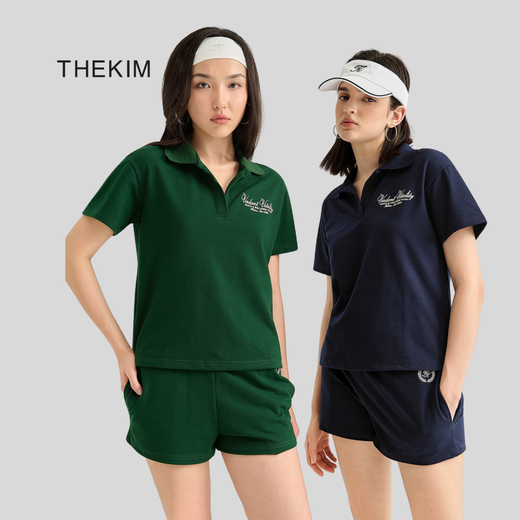 THEKIM Verdant Vitality ชุดกีฬาเสื้อโปโลแขนสั้นและกางเกงขาสั้น ชุดต้นขาแขนสั้นทําจากวัสดุนุ่ม CS369
