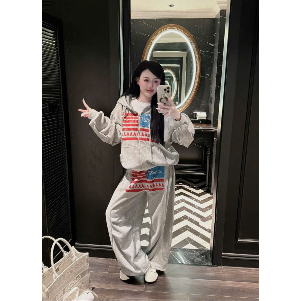 S59 BIGSIZE Flannel SET ZIPPED HOODIE + กางเกง
