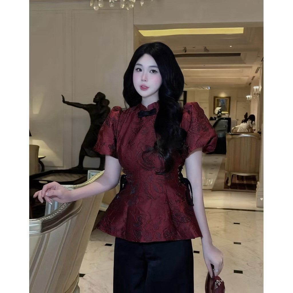 BECHIC Luxury Brocade Set – เสื้อเชิ้ตแขนพัฟคอปกโบว์และกางเกงหรูหราสําหรับงานปาร์ตี้