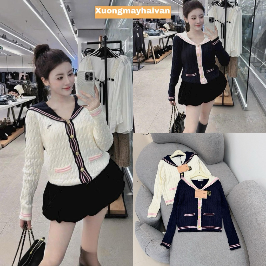 Hv - (QCC) เสื้อสเวตเตอร์แขนยาวคอปกกะลาสีสีชมพู