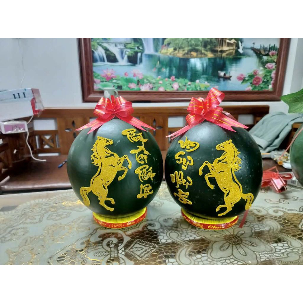 ม้าคู่คํา PTPL-VSNY วางกับแตงมะพร้าวสําหรับตกแต่ง Tet