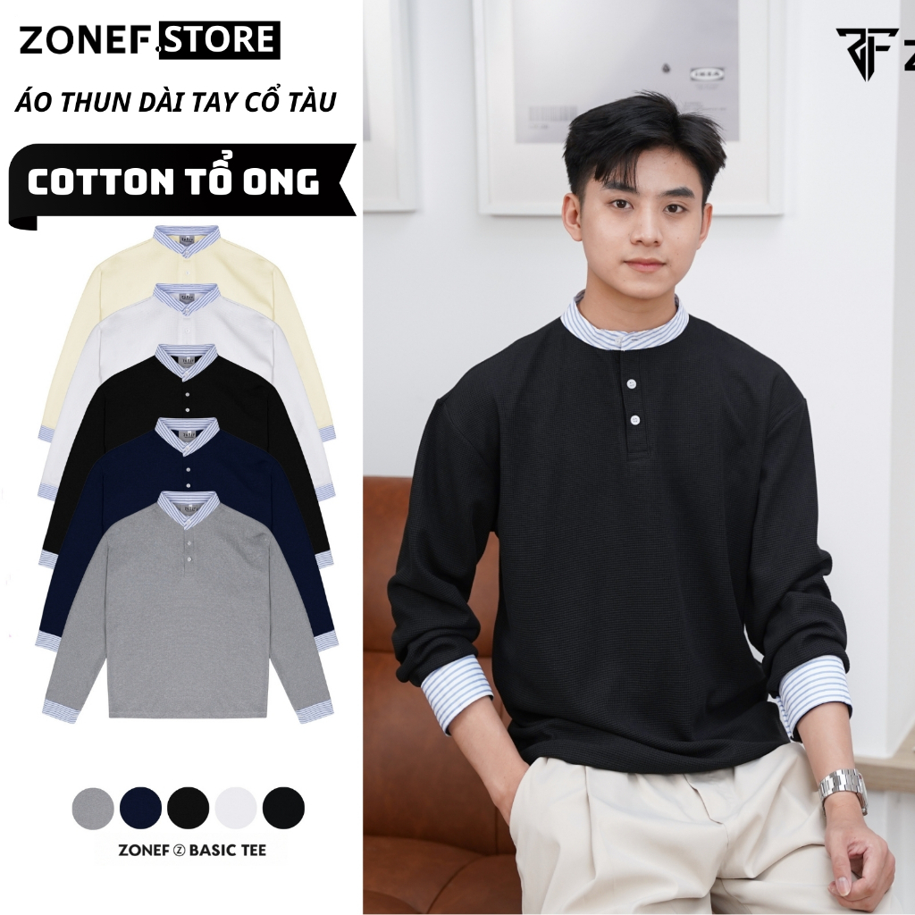 ZONF STORE เสื้อยืดแขนยาวผ้ารังผึ้งพร้อมเสื้อลายสก๊อตสีฟ้า Henley ปุ่มคอปกแขนยาวเสื้อยืดสําหรับผู้ชา