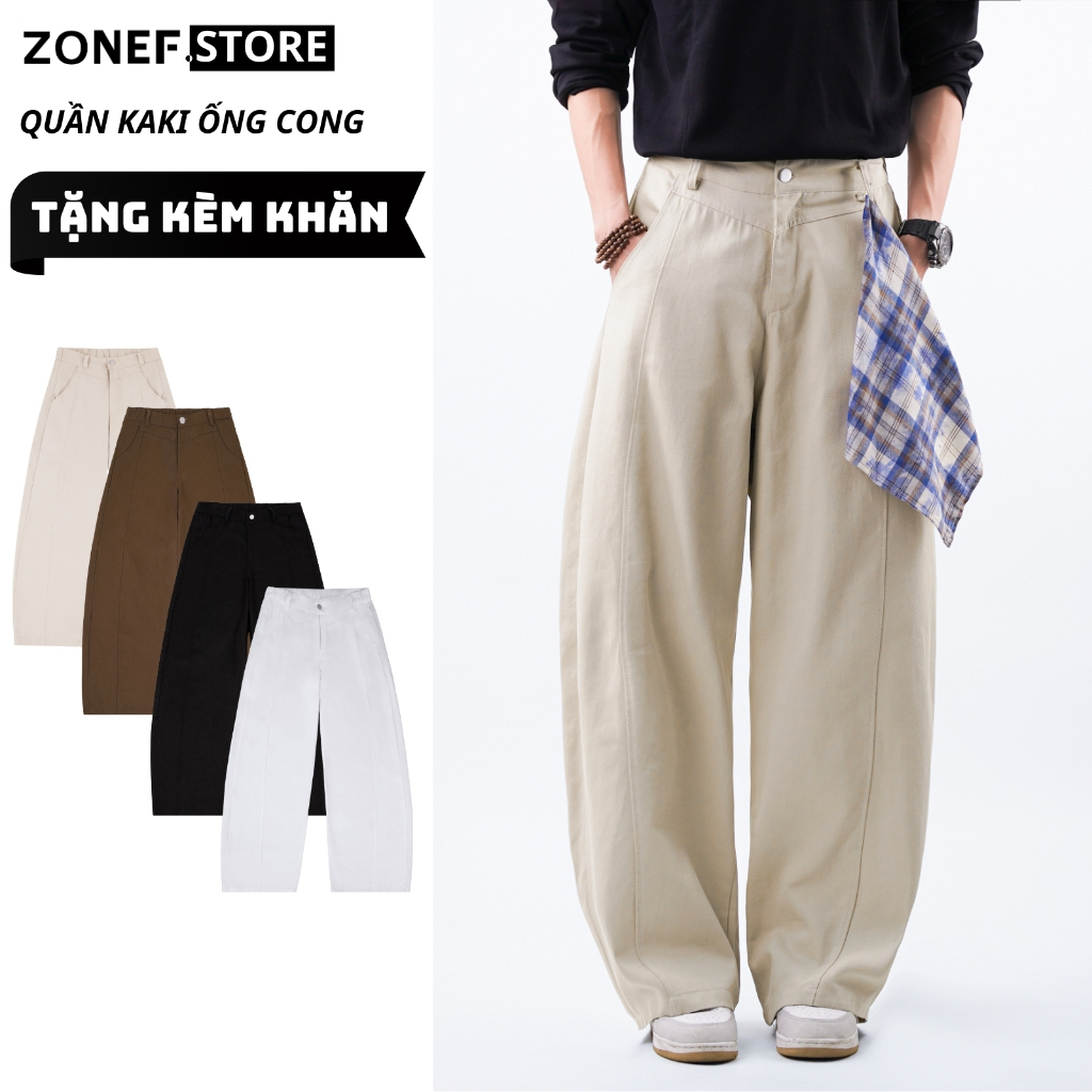 ZONF STORE Wide Curved Khaki Pants with Checkered Scarf, Korean Cotton Khaki Wide Leg Pants for Men 